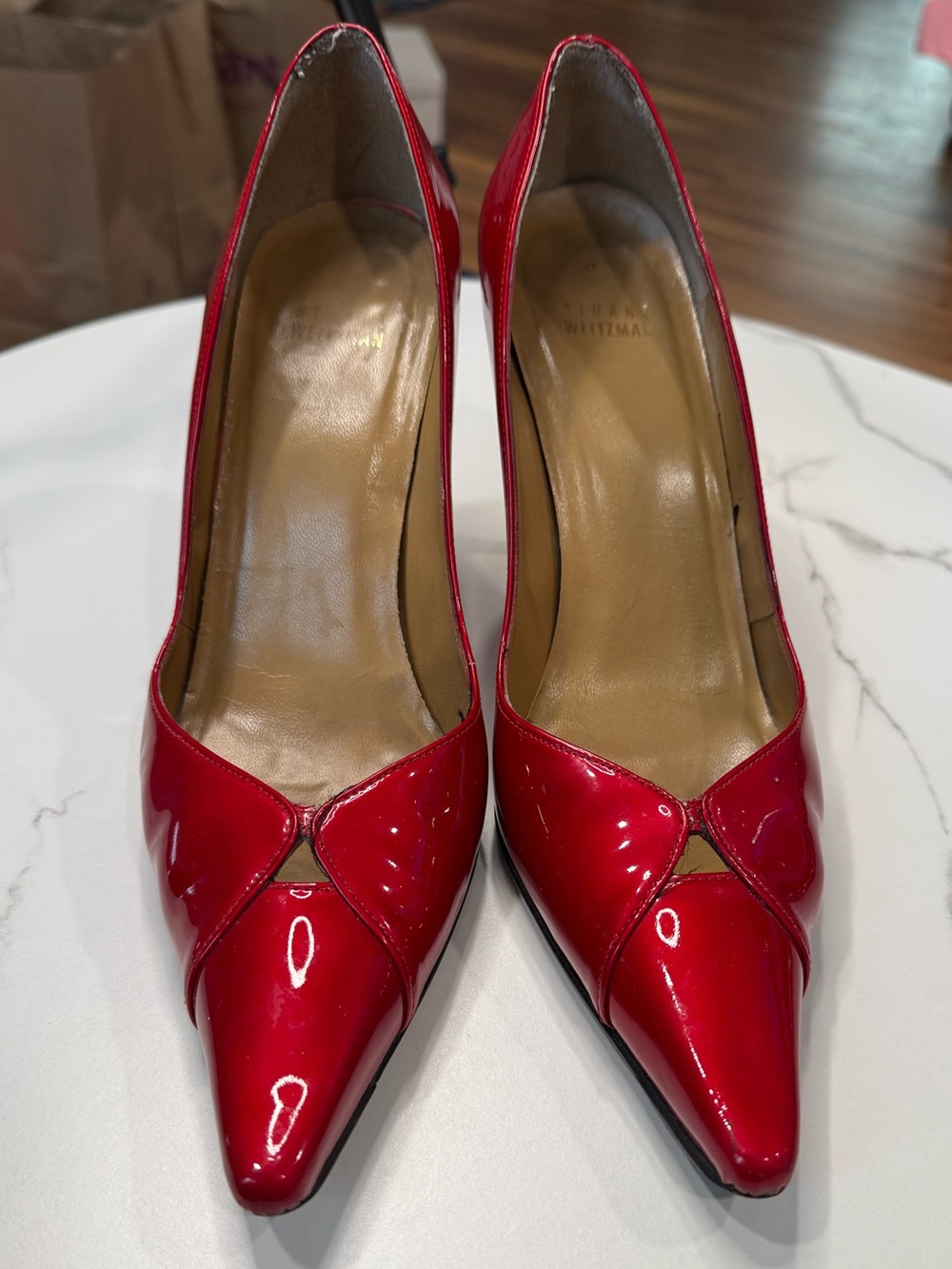 Stuart Weitzman Red Patent Pointed-Toe Pumps with V-Cut